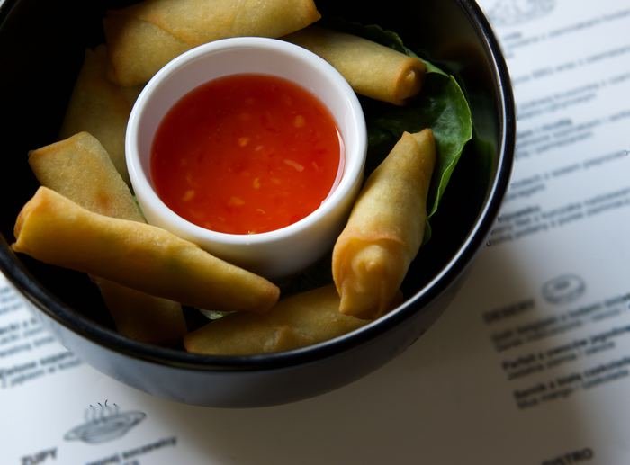 Crispy spring rolls with sweet chili sauce
