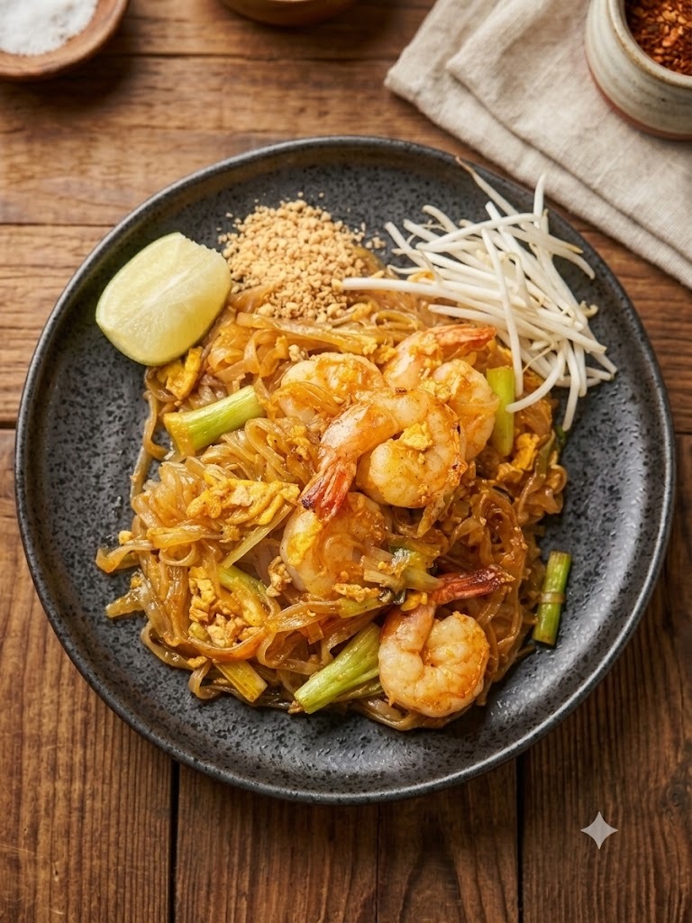 Close-up of shrimp pad thai with lime and peanuts on a white plate.