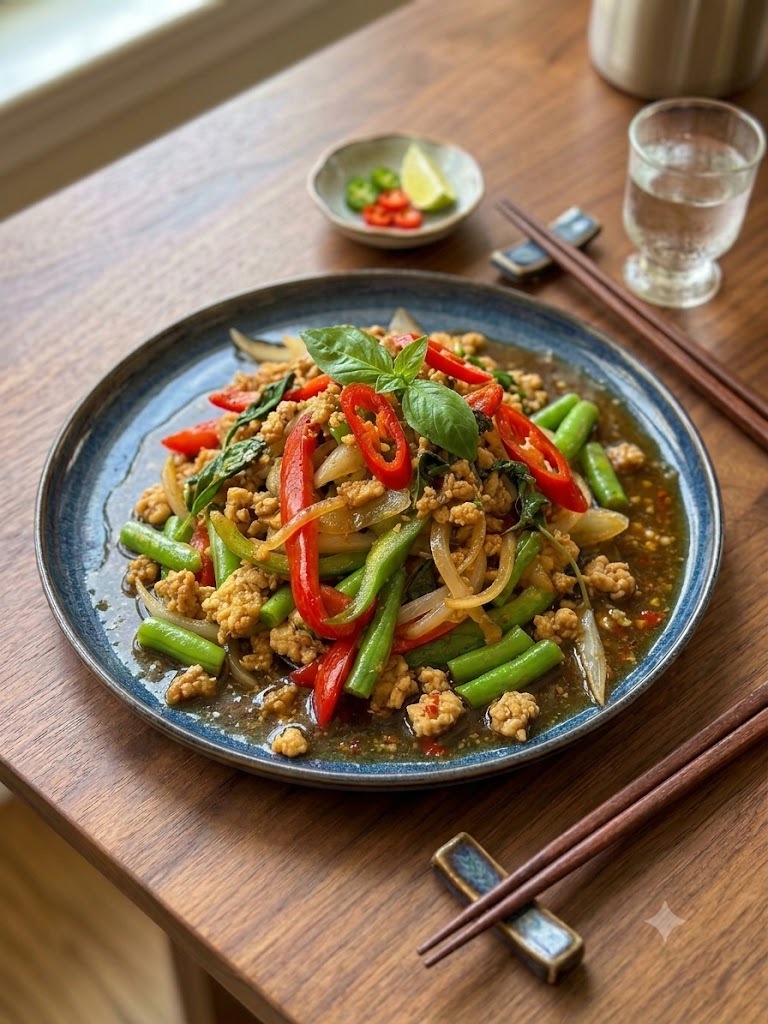 Delicious Thai basil chicken with rice and fried egg.