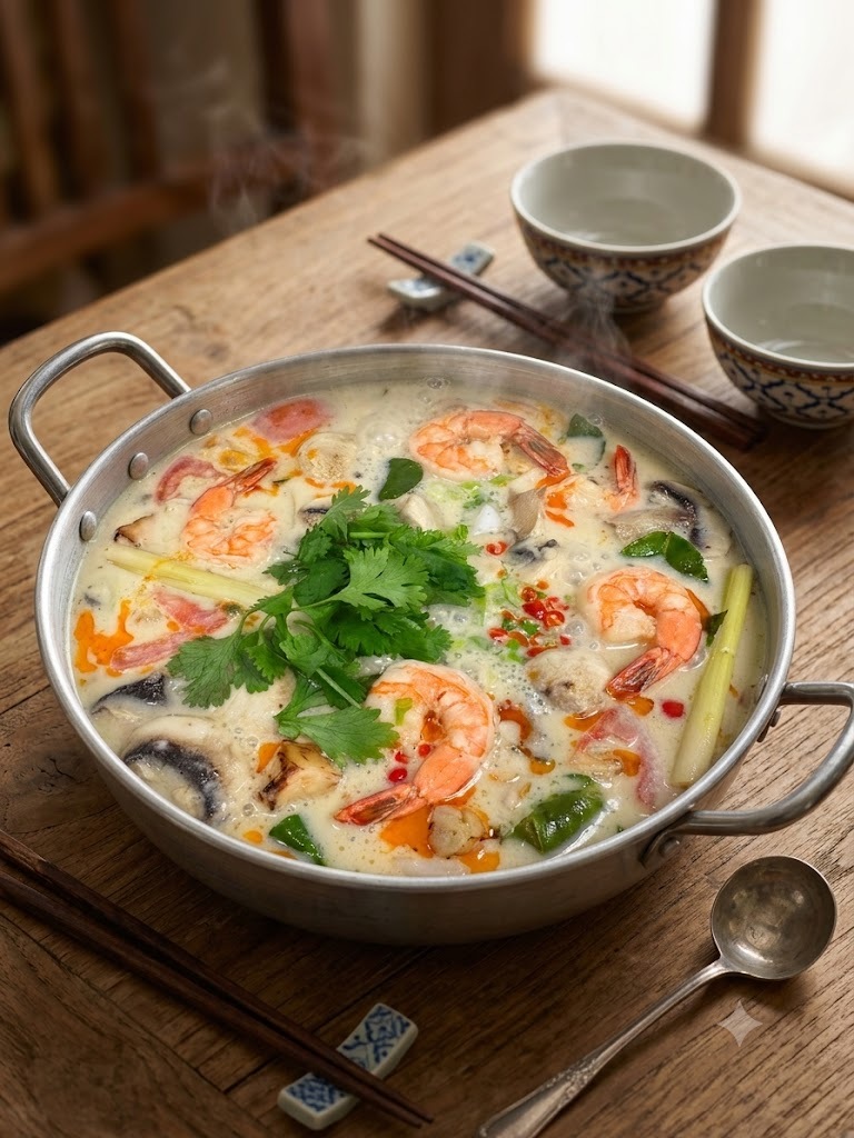 A vibrant bowl of Thai tom yum soup with shrimp and herbs.