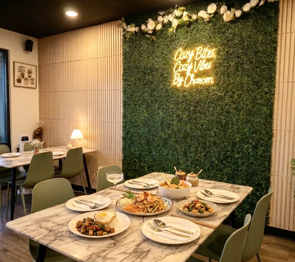Inviting dining space with wooden chairs and lush plants under warm lighting, perfect for a cozy meal.